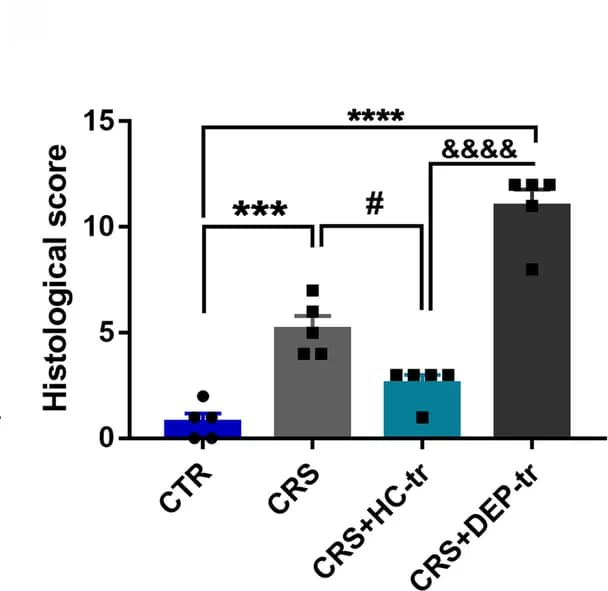 Open access visualization of Bar Plot, Error Bars, Histological score, Mice, One-way ANOVA