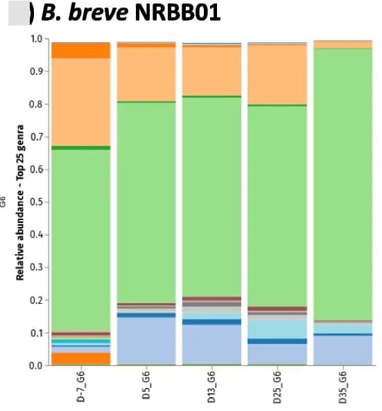 Open access visualization of Stacked Bar Plot, Relative Abundance, Genera, scGOS/lcFOS/2-FL, B. breve NRBB01