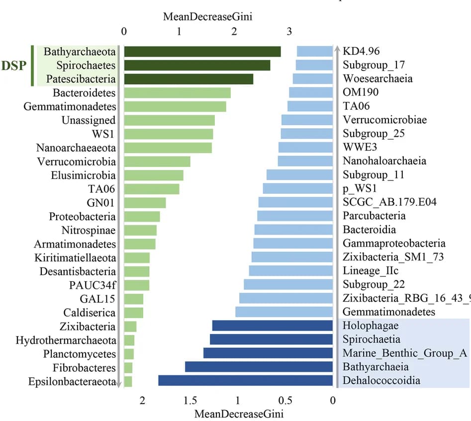 Open access visualization of Bar Plot, Damming-Sensitive Phyla, Damming-Sensitive Classes, Sediment, Random Forest Classification