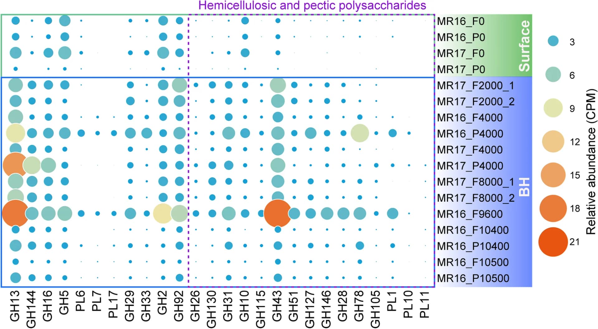 Open access visualization of Bubble Plot, Bacteroidetes PUL genes, Mariana Trench, Water Column, Bathypelagic