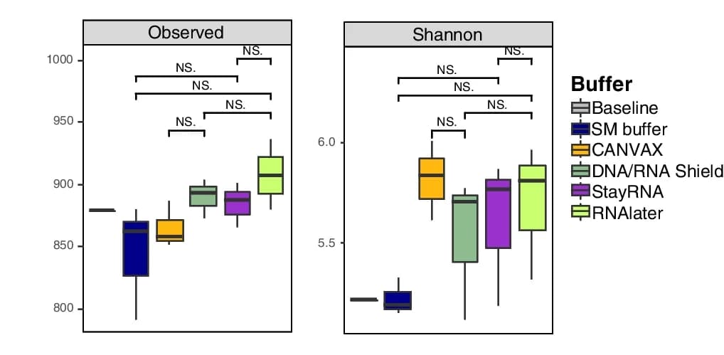 Open access visualization of Box Plot, Buffers, Viral Diversity, Alpha Diversity, Observed Taxa