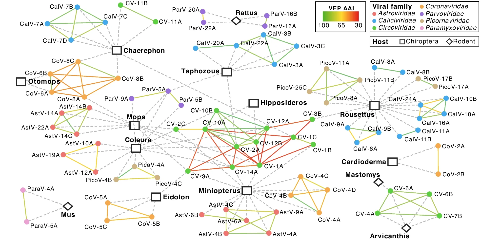 Open access visualization of Network, Host Range, Genome Variability, vANI95 Clusters, Viral Entry Proteins
