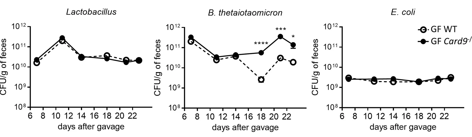 Open access visualization of Line Plot, Error Bars, Bacterial Strains, Feces, CFU/g