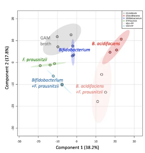 Open access visualization of Scatter Plot, PCA, Principal Component Analysis, Metabolites, Bacterial Supernatants