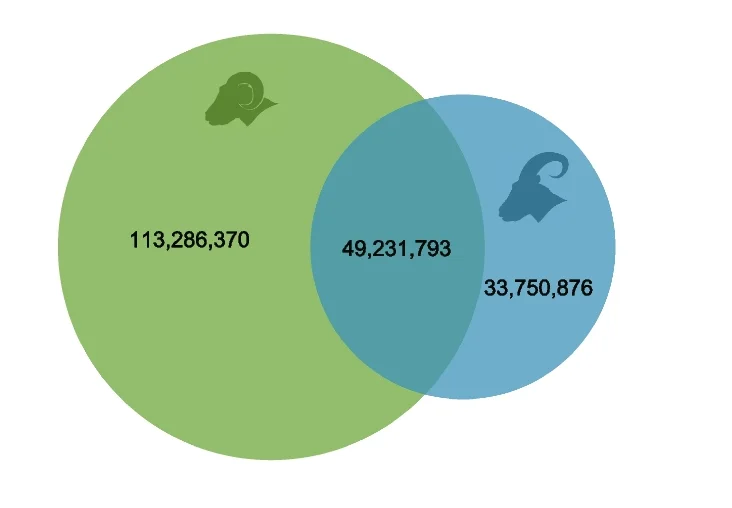 Open access visualization of Venn Diagram, NR Genes, Sheep, Goats, Gut Microbiota