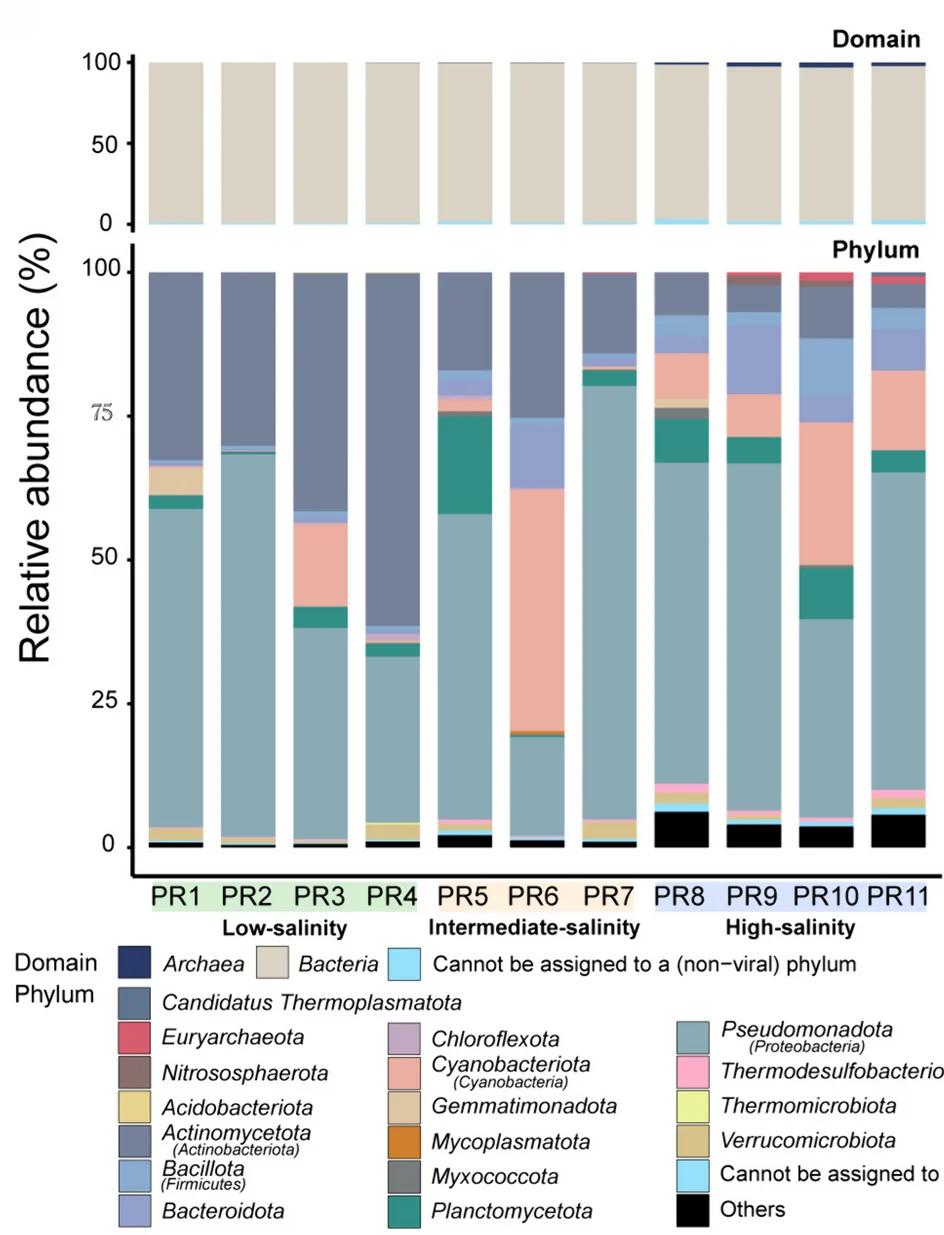 Open access visualization of Stacked Bar Plot, Microbial Domains, Phyla, Metagenome, Taxonomic Assignment
