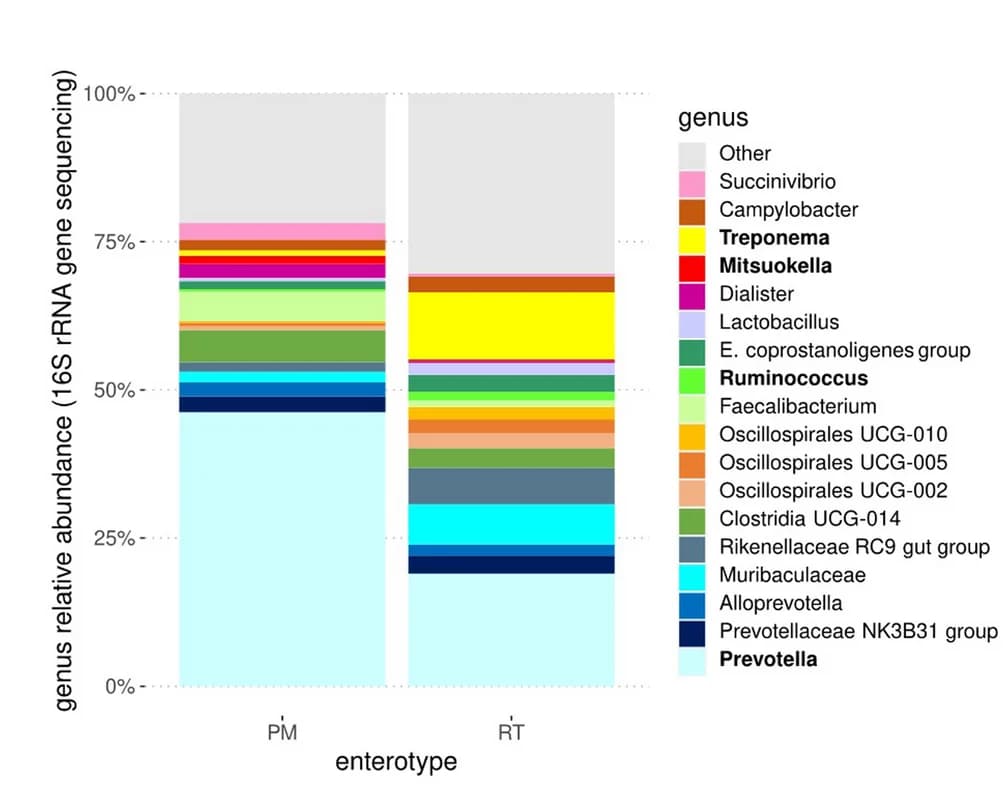 Open access visualization of Stacked Bar Plot, Bacterial Genera, Pig Groups, PM Enterotype, RT Enterotype