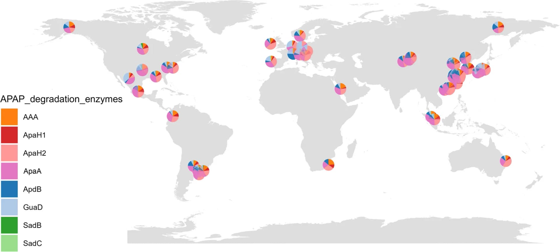 Open access visualization of Geo Map, Pie Chart, APAP Degradation Enzymes, WWTP Metagenomes, Global Distribution
