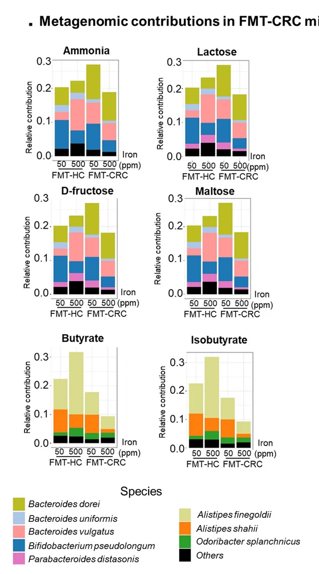 Open access visualization of Stacked Bar Plot, Stacked Bar Charts, Metagenomic Contributors, Metabolic Pathways, FMT-CRC Mice