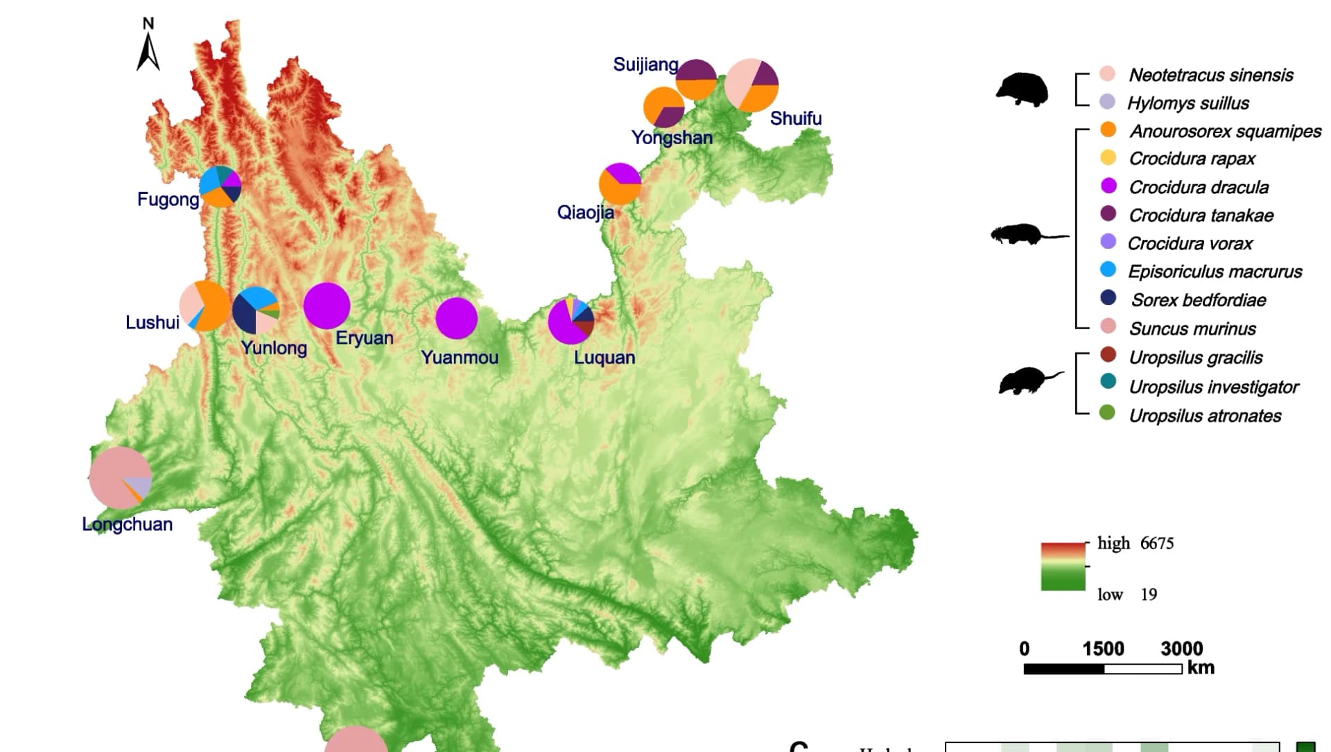 Open access visualization of Geo Map, Pie Chart, Mammals, Sample Locations, Yunnan Province