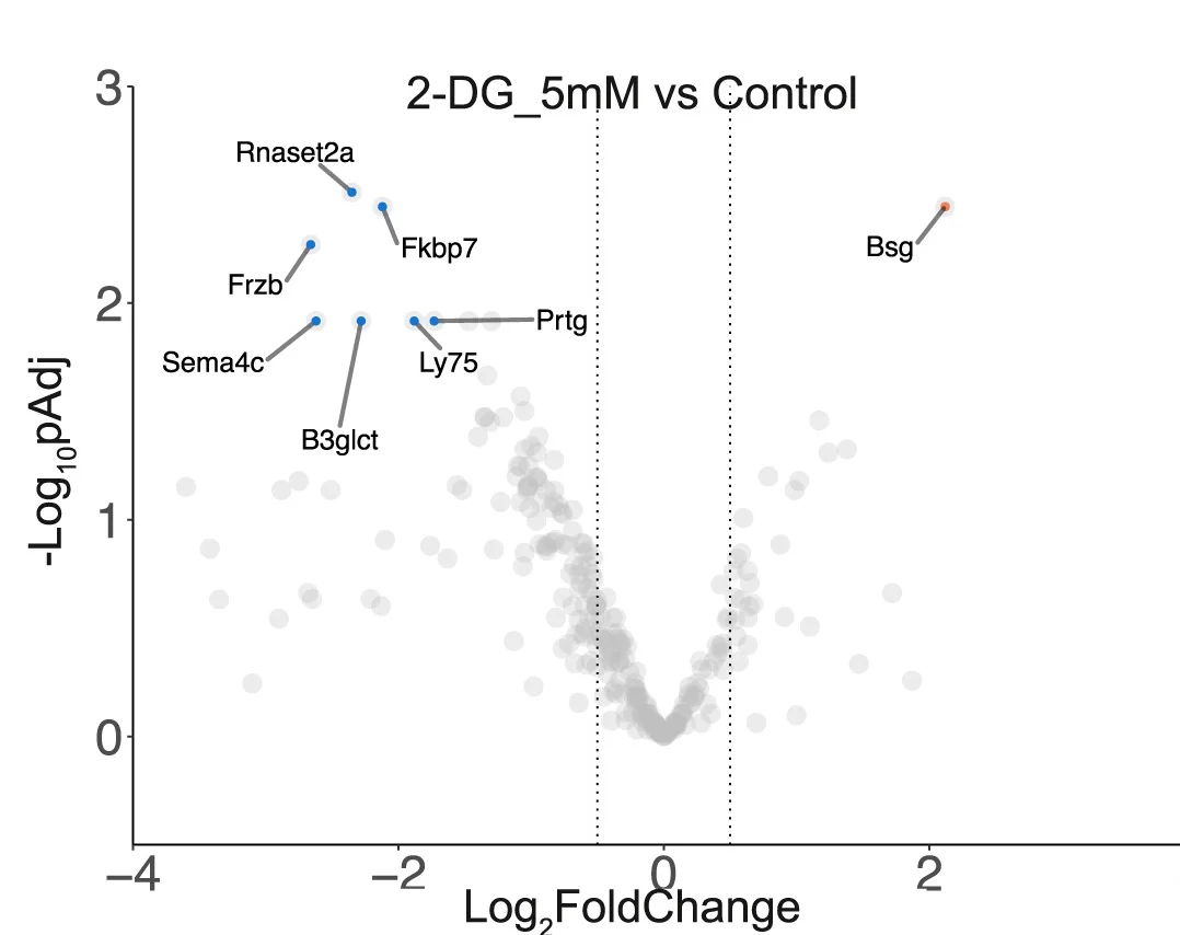 Plot showing: Volcano Plot, Scatter Plot, Glycoproteins, Abundance, 2-DG