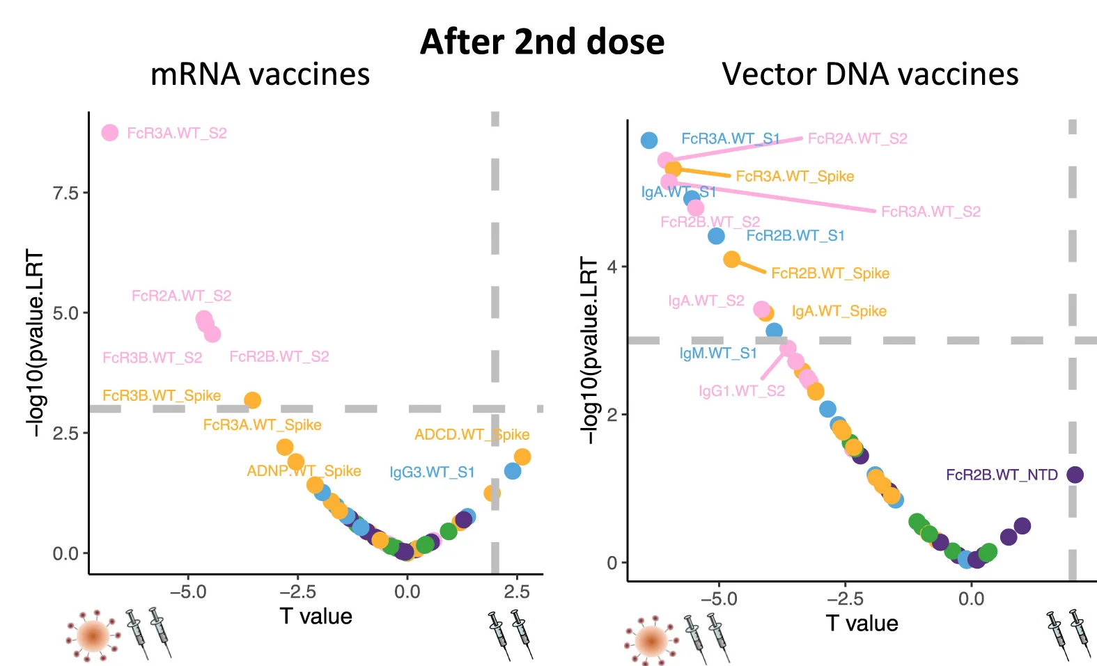 Plot showing: Scatter Plot, Volcano Plot, Vaccination, Hybrid Immunity, DNA Vaccine