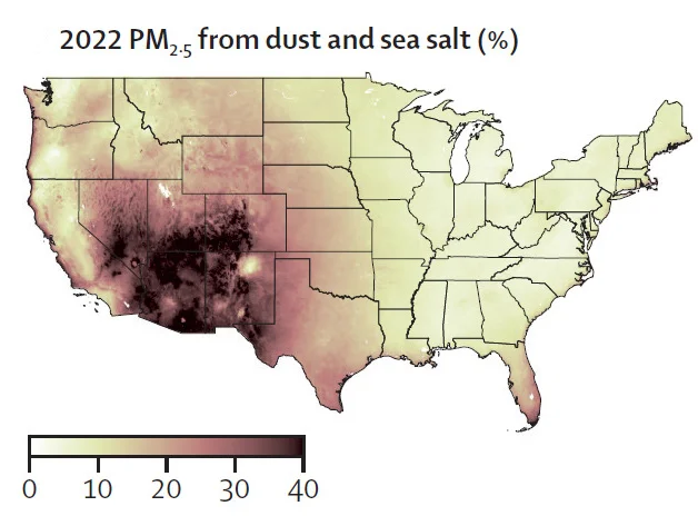 Plot showing: Geo Map, Dust, Sea Salt, PM2.5, Contribution