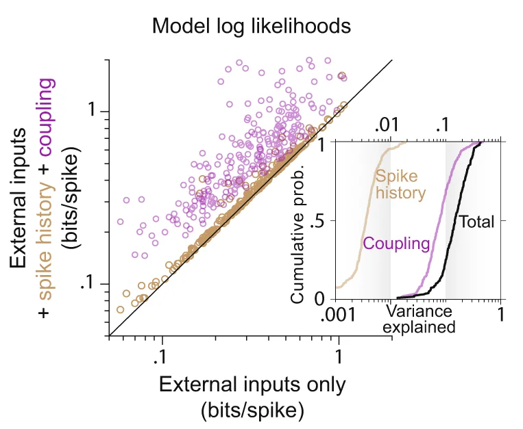 Plot showing: Scatter Plot, Line Plot, Log Likelihood, External Inputs, Spike History