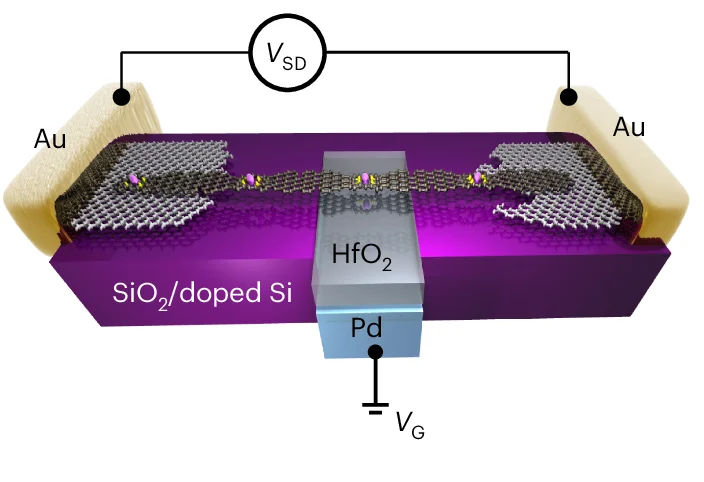 Plot showing: Illustration, Chemical Structure, Electronic Devices, Graphene Electrodes, Palladium Gate