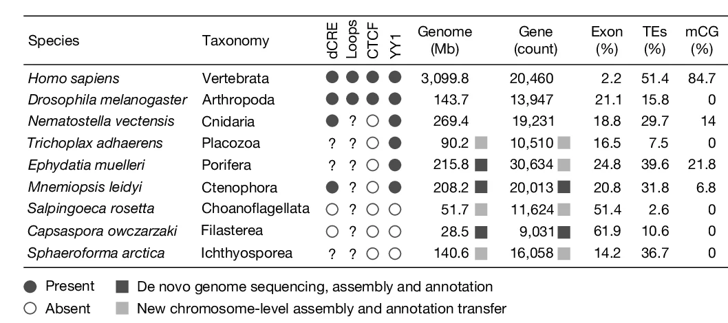 Plot showing: Table Image, Genomic Features, Metazoans, Unicellular Holozoans, CG Methylation