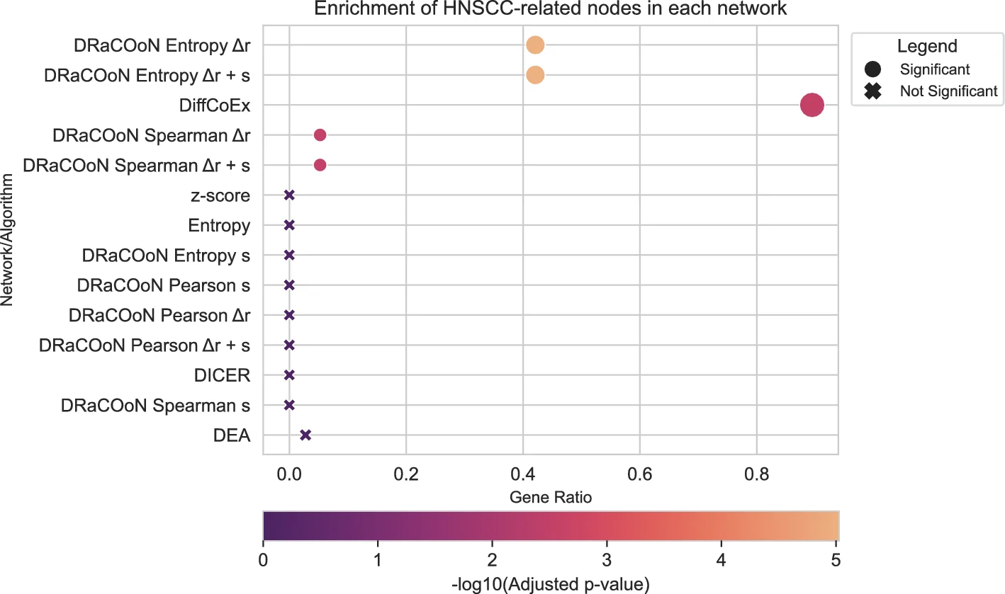 Plot showing: Scatter Plot, Bubble Plot, Enrichment Analysis, Gene Networks, HNSCC
