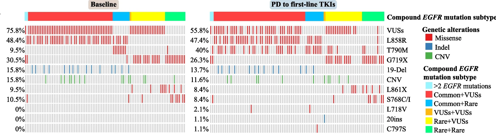 Plot showing: Stacked Bar Plot, EGFR mutation, Baseline samples, Progressive disease samples, Oncoprint