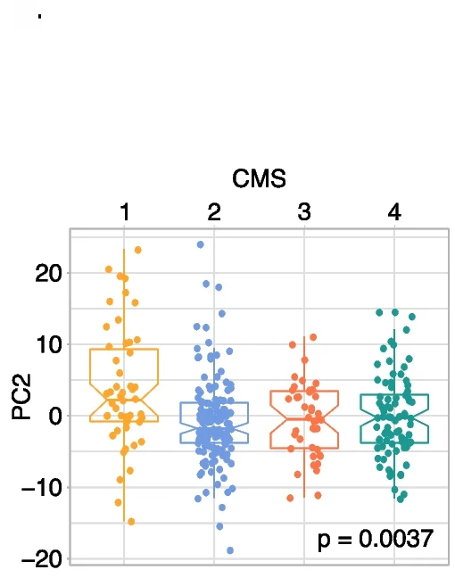 Plot showing: Box Plot, Scatter Plot, Boxplot, Principal Component 2, Consensus Molecular Subtypes