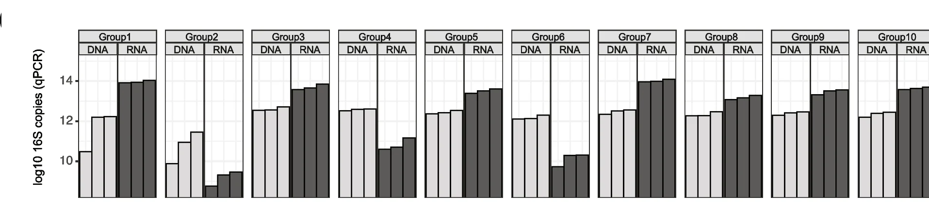 Plot showing: Bar Plot, Clustered, 16S rRNA Gene, DNA Extraction, RNA Extraction