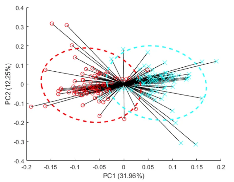Plot showing: Scatter Plot, PCA, Principal Components Analysis, Metabolomic Data, Tumor