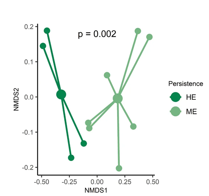 Plot showing: Scatter Plot, Microbial community, NMDS plot, Bifidobacteria, Beta-diversity index