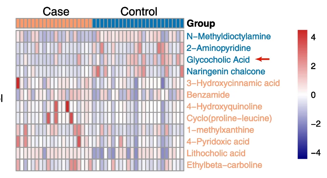 Plot showing: Heatmap, Fecal metabolites, Heat map, Case group, Control group
