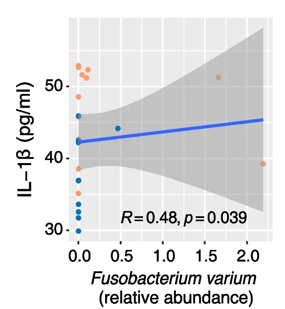 Plot showing: Scatter Plot, Regression Plot, Spearman's correlation, Fusobacterium varium, Serum